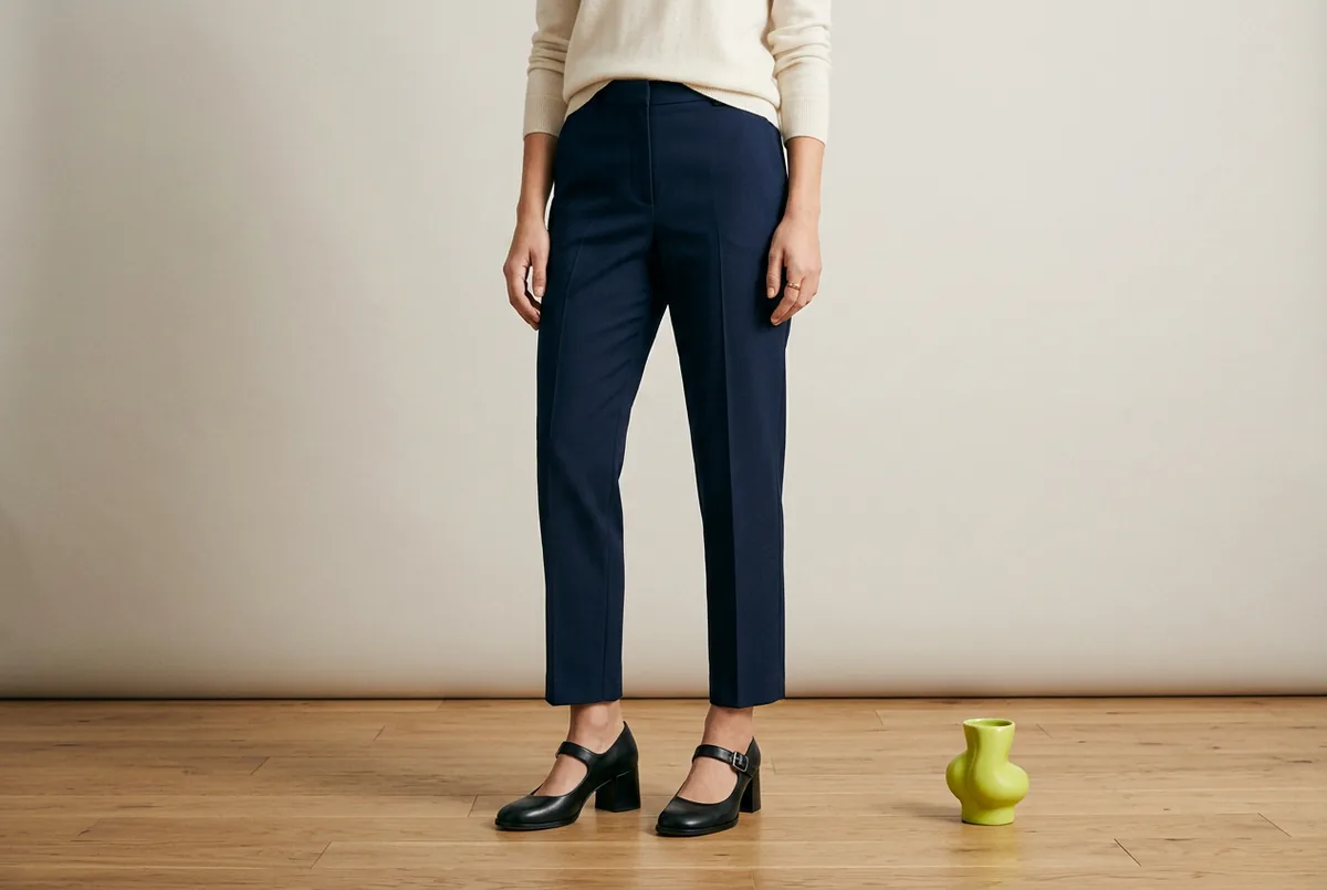 Person photographed from the waist down, wearing tailored navy trousers with a slight crop and black block-heel Mary Jane shoes. The person is standing on a simple hardwood floor.