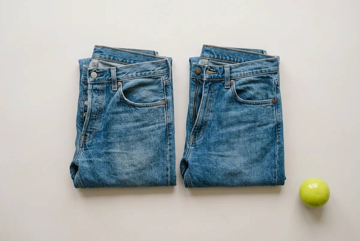 Flat lay of two pairs of men's medium-wash denim jeans, one Levi's 501 with its button fly visible and one Levi's 505 with a zip fly, folded to compare the seat and thigh area on a neutral background.