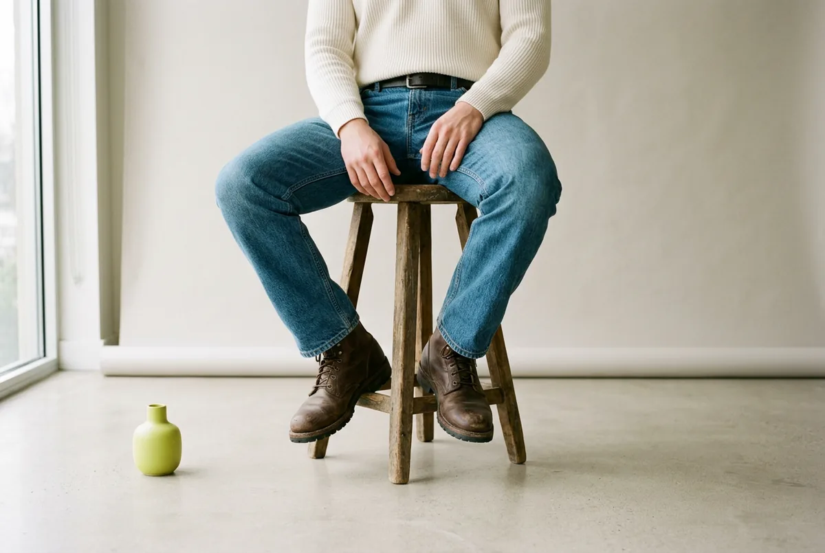 Person photographed from the waist down, wearing medium-wash straight-leg jeans and brown leather boots, sitting on a wooden stool to test the fit in the seat and thighs.