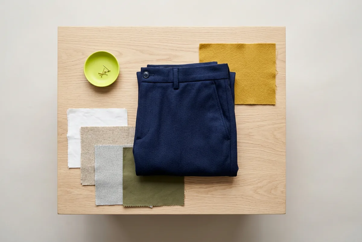Overhead flat lay of navy blue wool trousers, surrounded by fabric swatches in white, beige, light gray, olive green, and mustard yellow on a light wood background