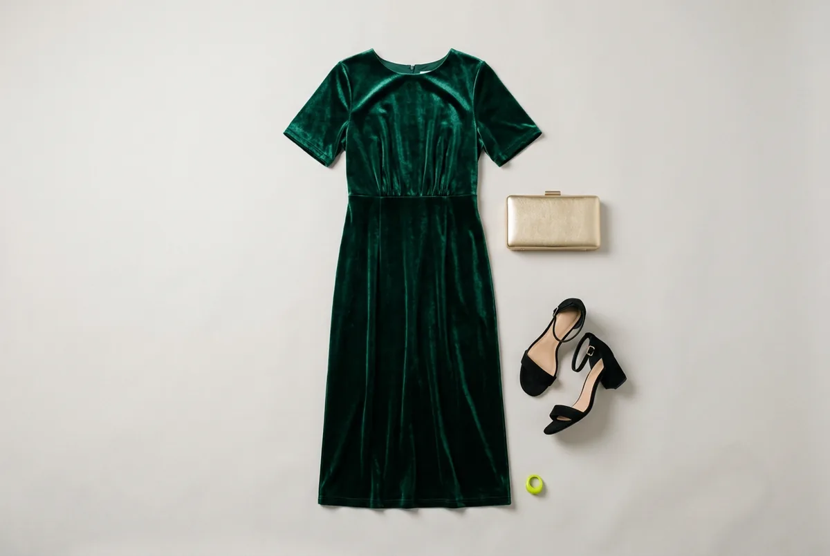 Overhead flat lay of a deep emerald green velvet midi dress, a pair of black block heels, and a small, simple gold clutch on a light gray background.