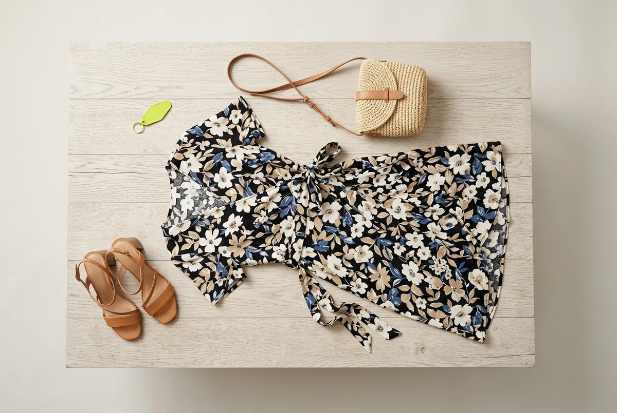 Overhead flat lay of a floral print knee-length wrap dress, tan block-heeled sandals, and a small woven straw bag on a light wood background