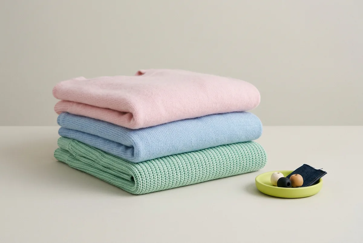Close-up of three folded sweaters in pastel colors: a light pink cashmere, a baby blue merino wool, and a mint green cotton knit