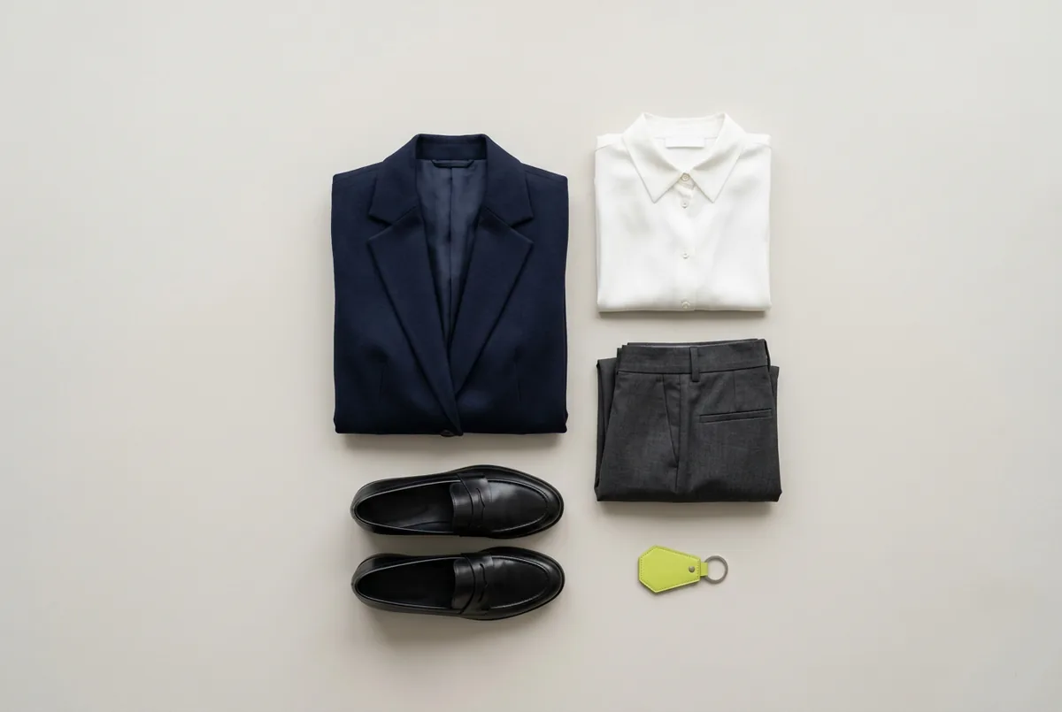 Flat lay of a business casual interview outfit on a neutral background: a folded navy blazer, a white blouse, charcoal trousers, and black leather loafers.