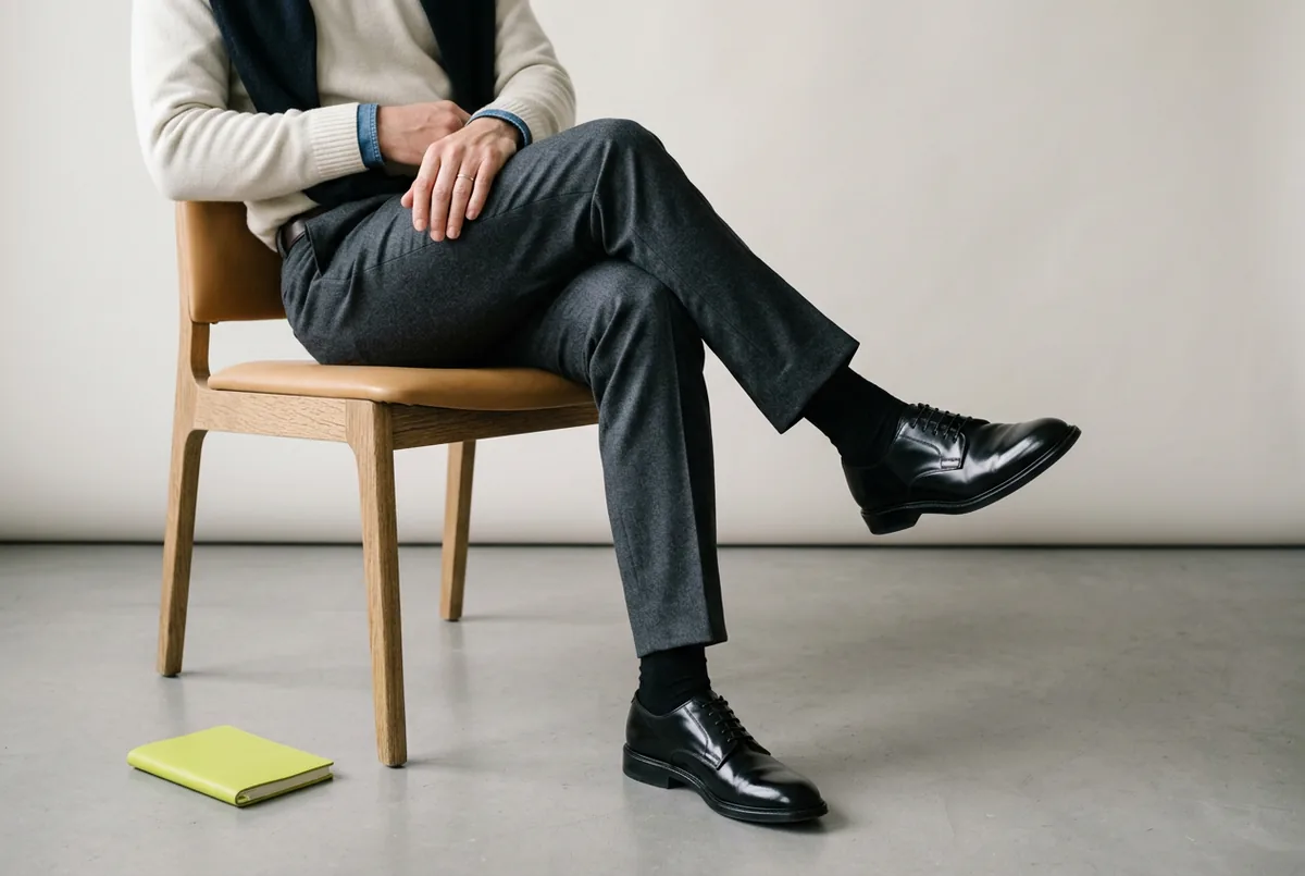 Person from the waist down sitting in a chair, wearing well-fitting charcoal grey trousers and polished black dress shoes, one ankle crossed over the knee.